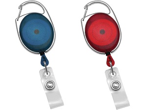 Translucent blue and red premium carabiner badge reels